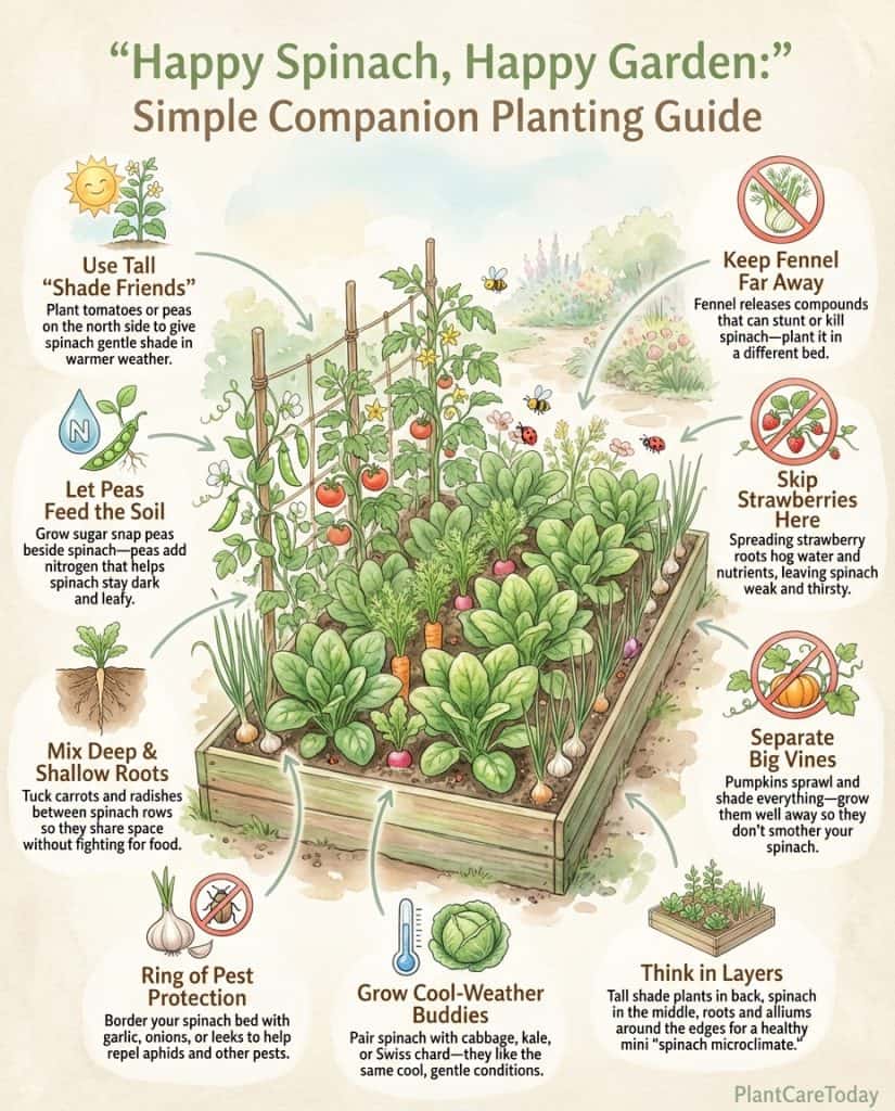 Spinach companion planting infographic showing beneficial and harmful plant pairings with growth comparison images