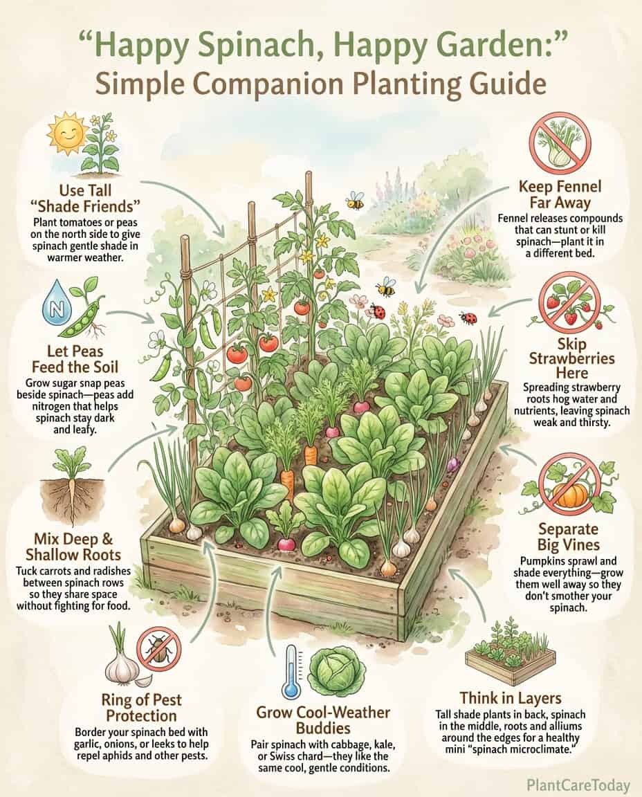 Spinach companion planting infographic showing beneficial and harmful plant pairings with growth comparison images