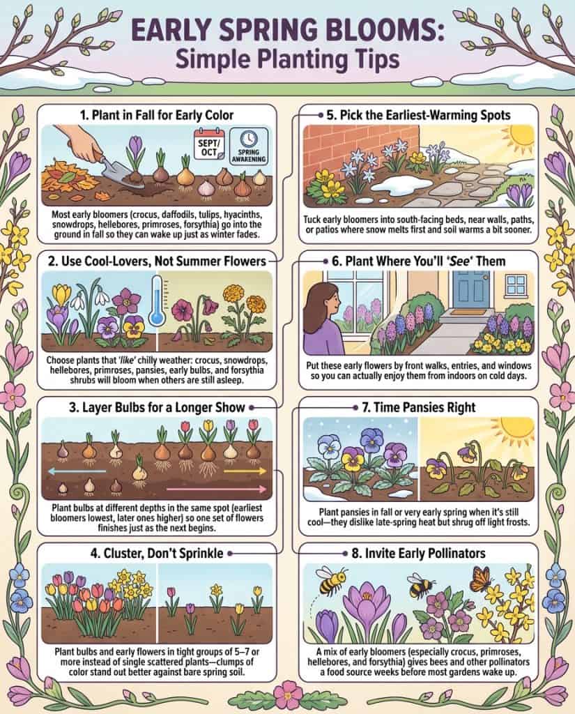 Infographic displaying early-blooming cold-hardy flowers with planting timeline for February and March gardens