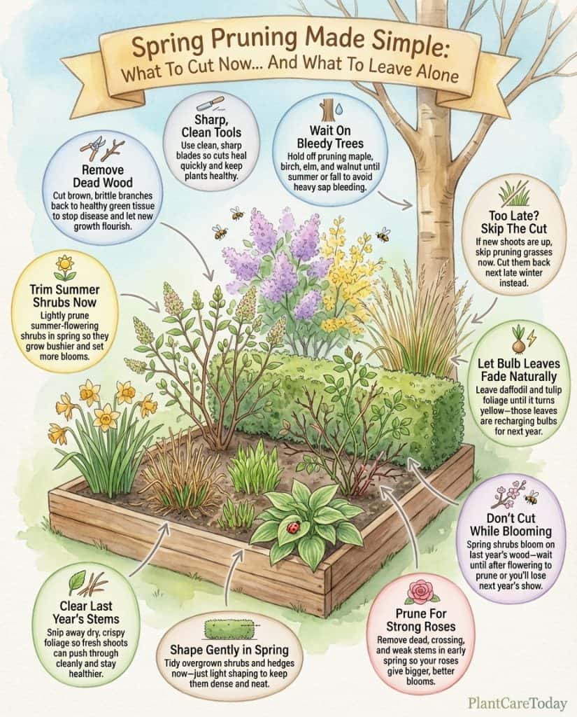 Spring pruning infographic showing timing guide for different flowering shrubs and plants with visual calendar