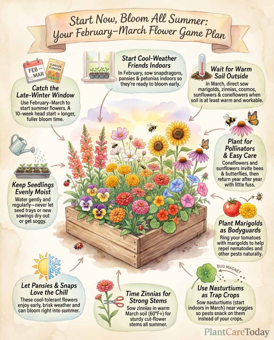 Infographic displaying nine summer flowers requiring early February-March seed starting with timing chart