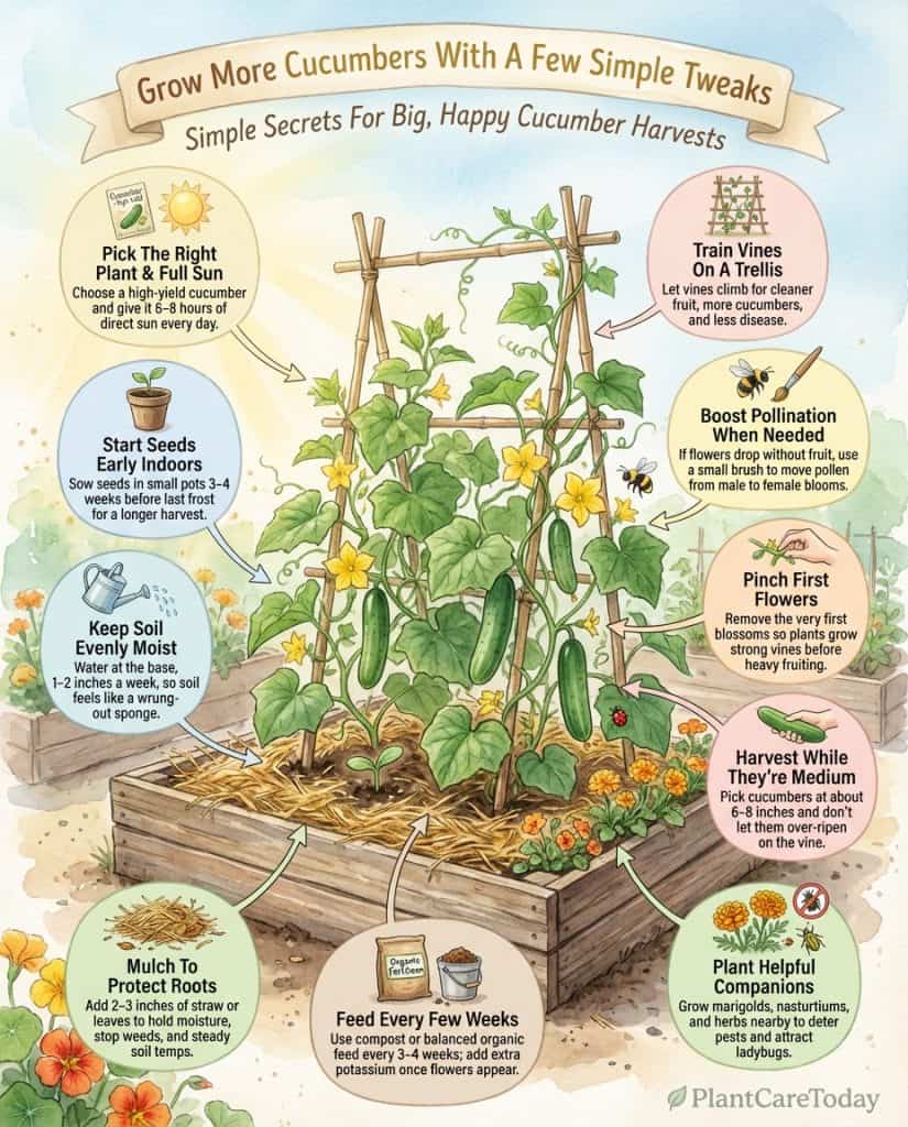 Cucumber yield infographic showing key growing techniques with comparison illustrations