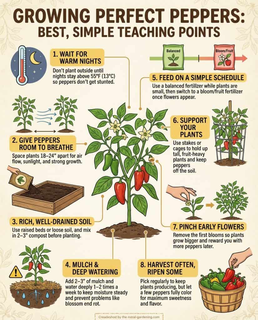 Pepper plant infographic comparing high-yield vs low-yield growing practices with timing and care factors