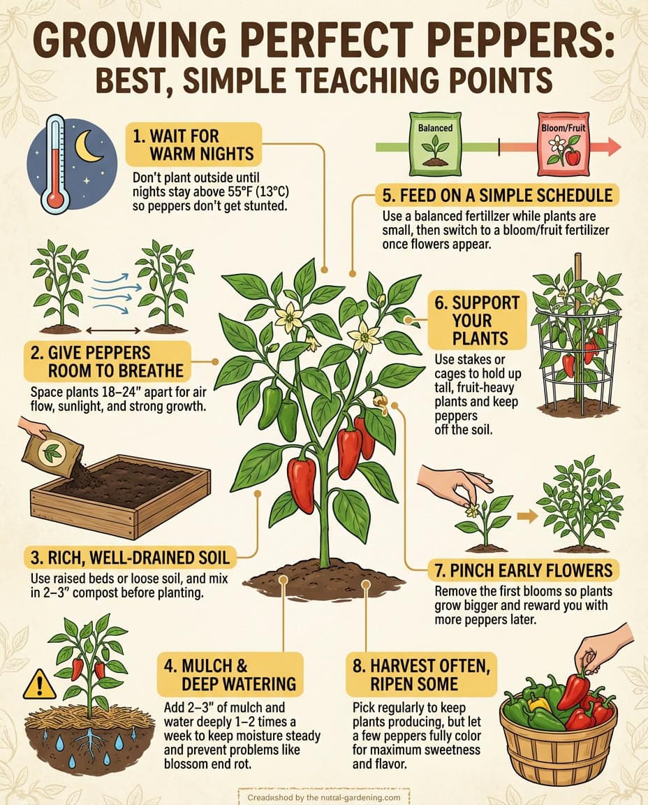Pepper plant infographic comparing high-yield vs low-yield growing practices with timing and care factors