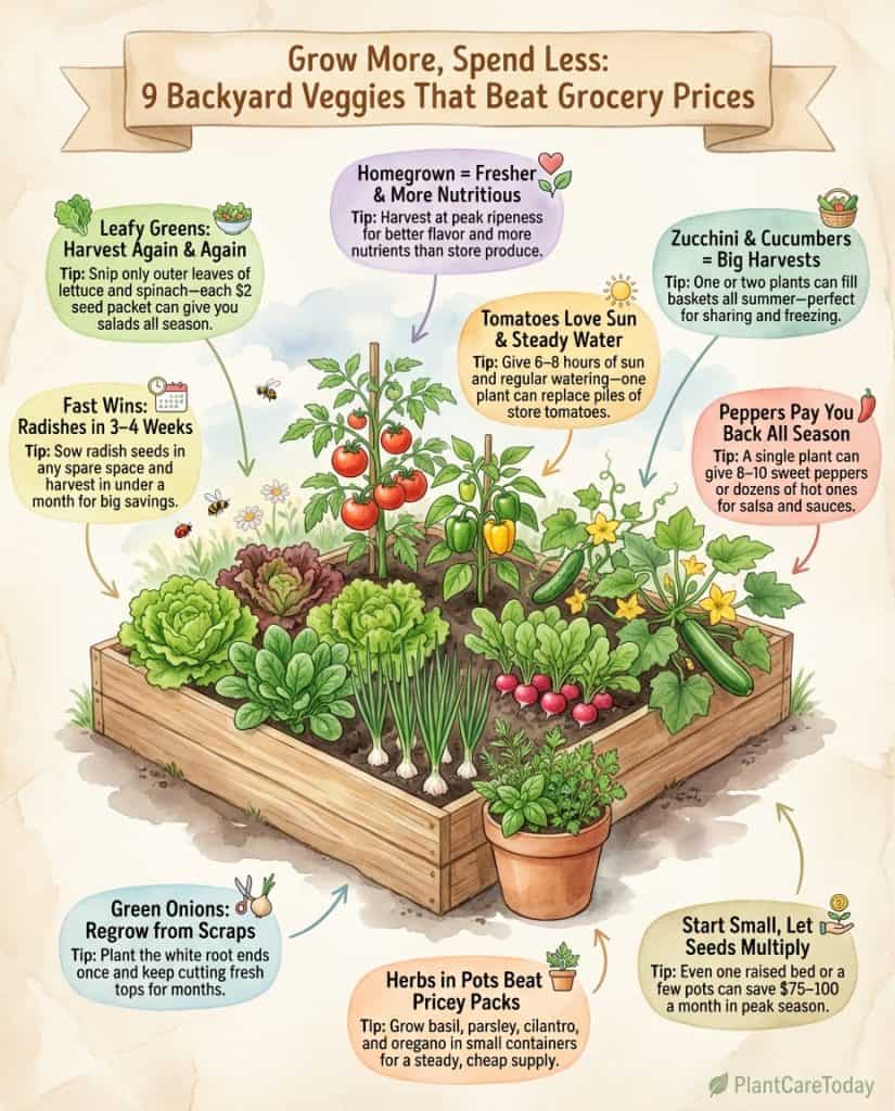 Infographic displaying nine high-value vegetables for home growing with cost comparison illustrations