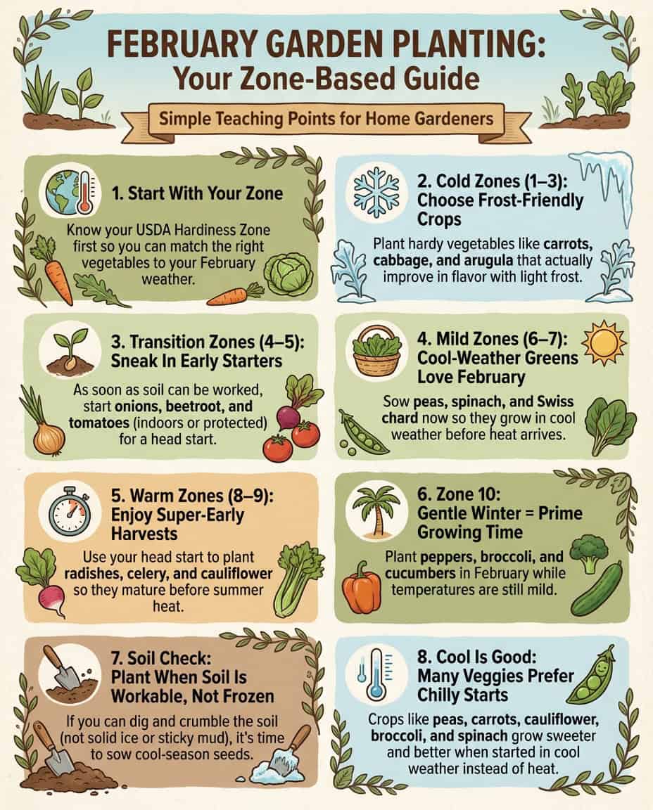 Infographic displaying February planting guide organized by USDA Hardiness Zones with vegetable illustrations