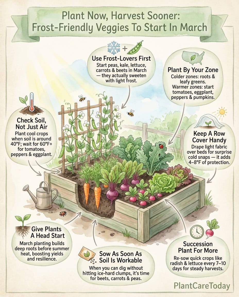 Infographic showing cold-hardy vegetable planting timeline with frost-tolerant crops and zone-specific recommendations for March