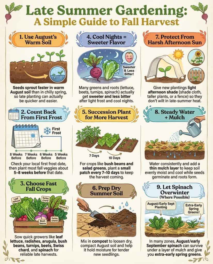 C_10886_aHcwb_august-vegetable-planting-guide-f1 Infographic displaying eight vegetables for August planting with growing timelines and fall harvest dates