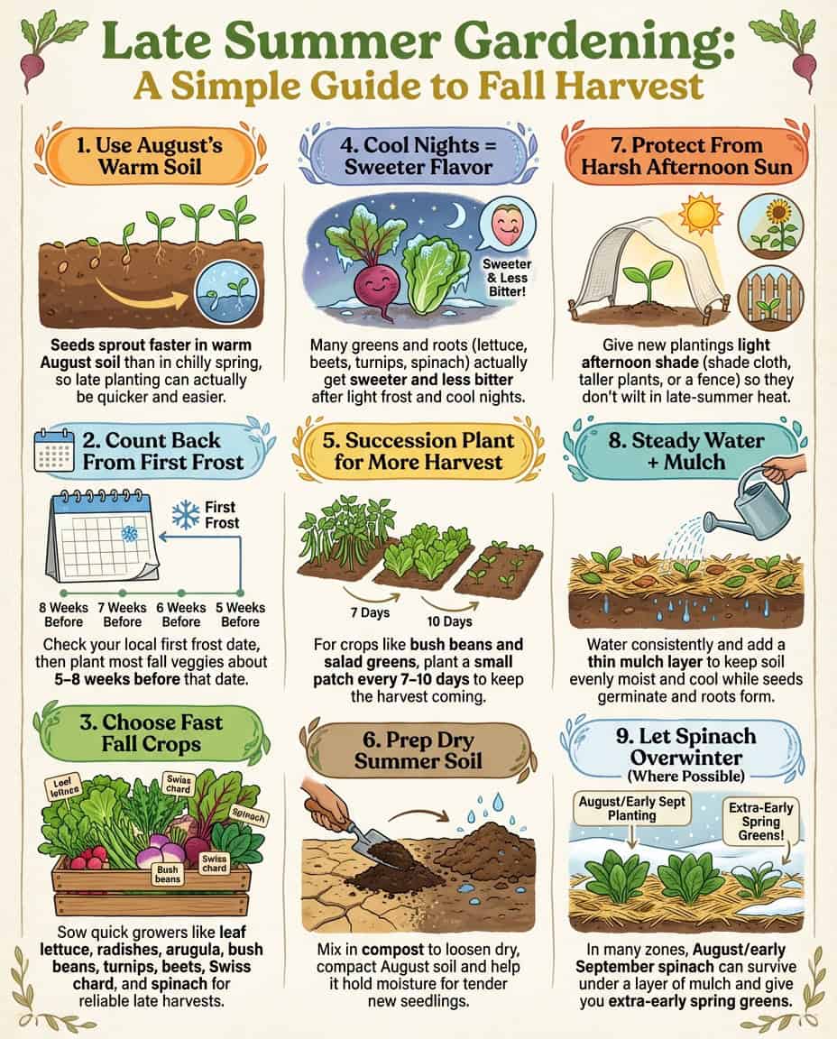 Infographic displaying eight vegetables for August planting with growing timelines and fall harvest dates