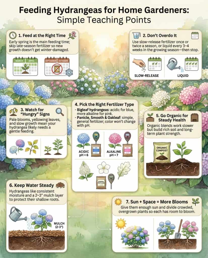Hydrangea fertilizing infographic showing nutrient timing schedule and application methods throughout growing season