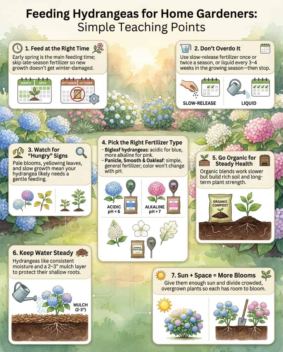 Hydrangea fertilizing infographic showing nutrient timing schedule and application methods throughout growing season