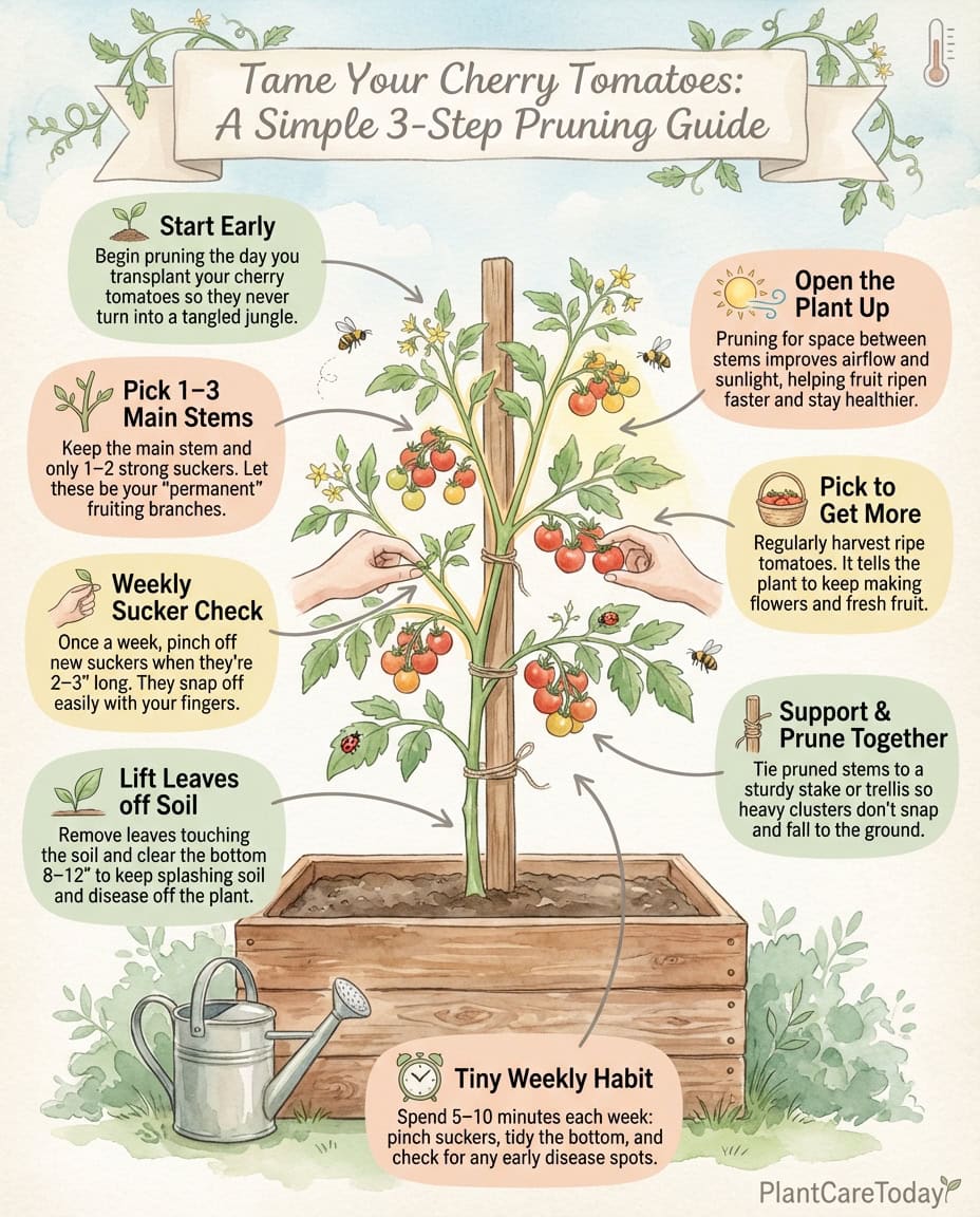 Cherry tomato pruning infographic showing weekly maintenance techniques with illustrated plant diagrams