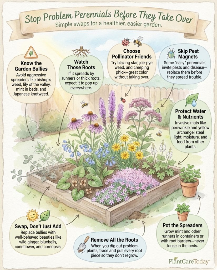 Infographic displaying nine problematic perennial plants with alternative planting recommendations