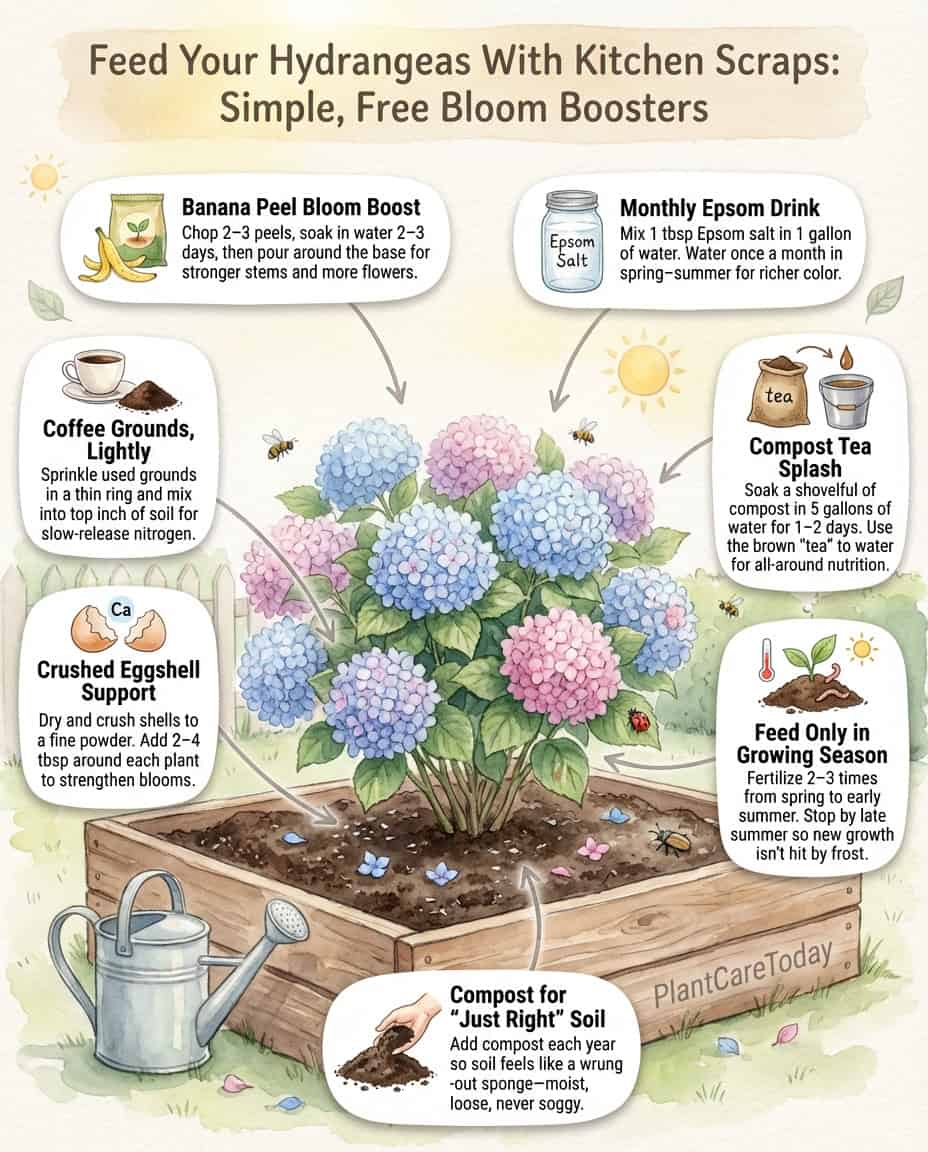 Infographic displaying household items that provide essential nutrients for hydrangea health and blooming