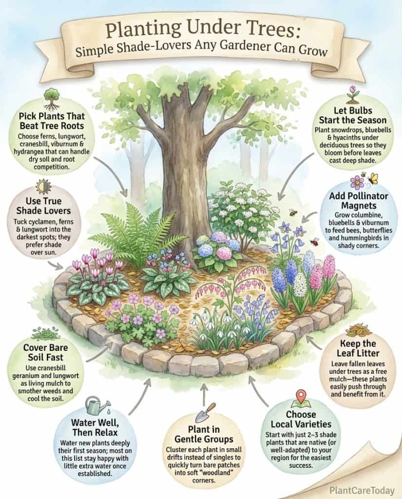 Infographic displaying eleven shade-tolerant plants suitable for growing under tree canopies