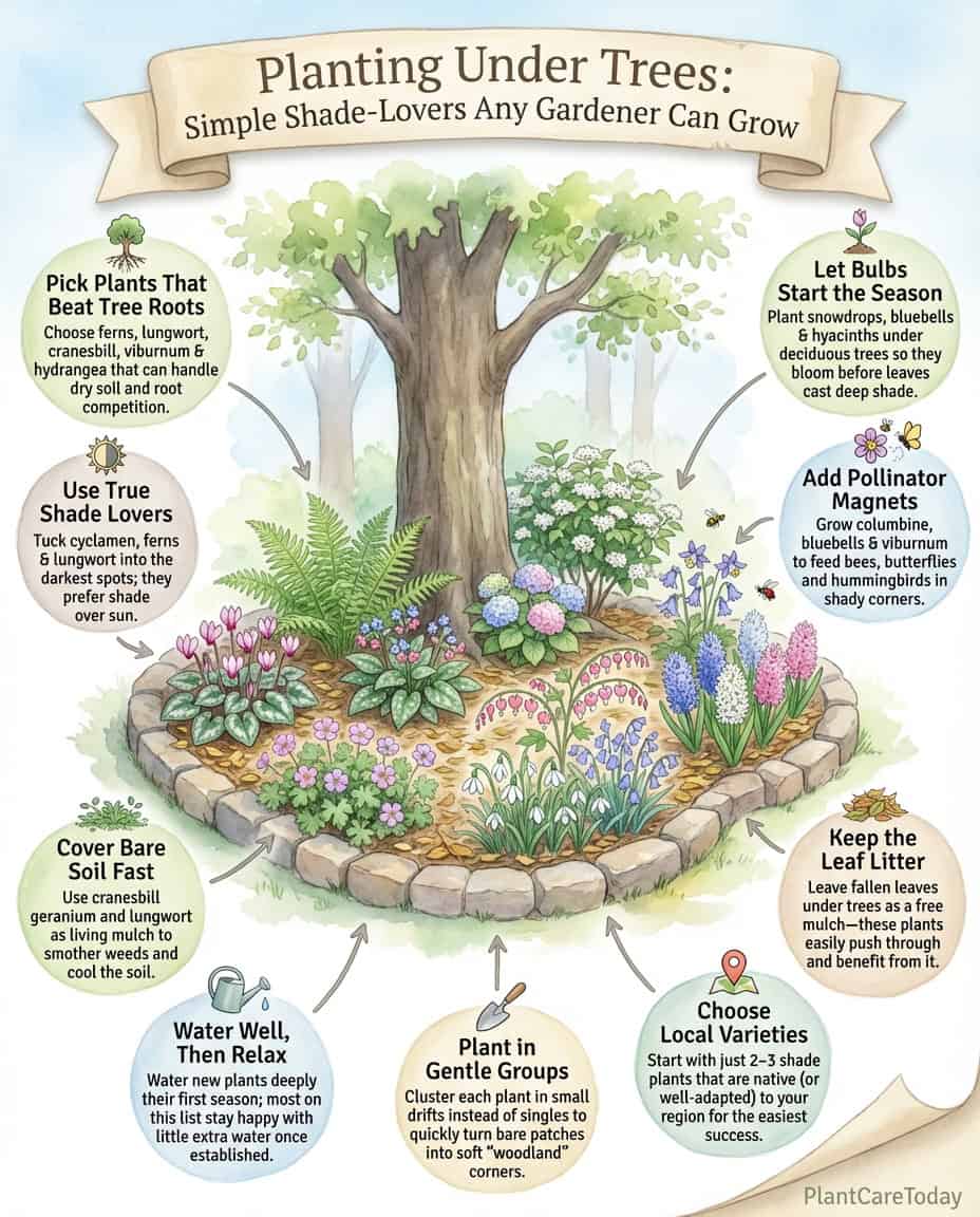 Infographic displaying eleven shade-tolerant plants suitable for growing under tree canopies