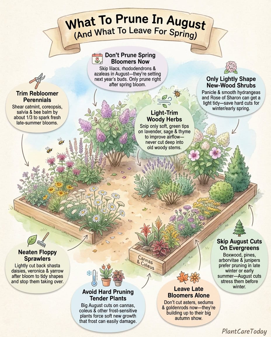 August pruning guide infographic separating prune-now plants from leave-alone plants with visual examples