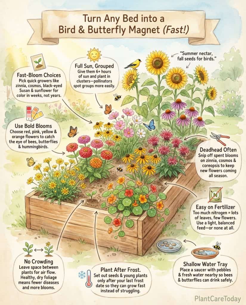 C_10895_iBeWS_fast-growing-pollinator-flowers-f1 Infographic displaying eight fast-growing pollinator-attracting flowers with growth timeline illustrations