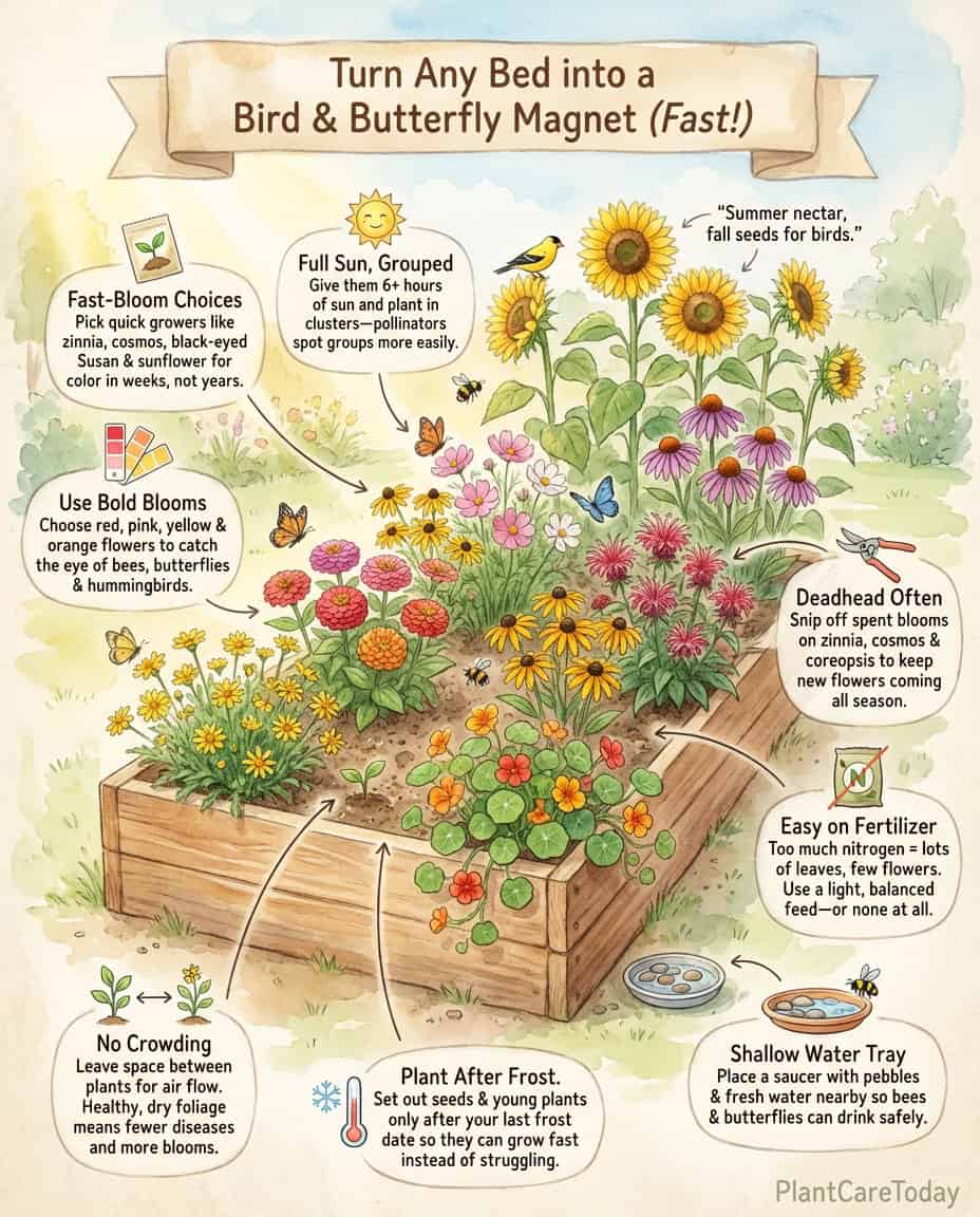 Infographic displaying eight fast-growing pollinator-attracting flowers with growth timeline illustrations