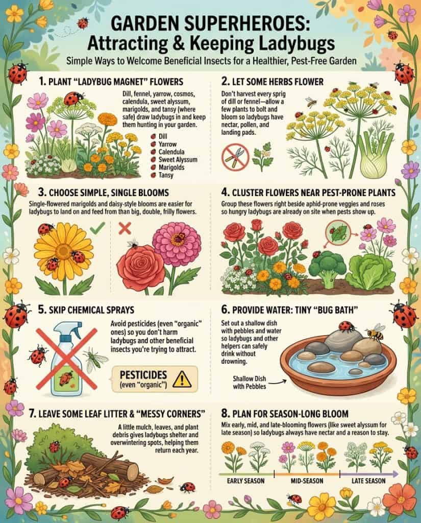 Infographic displaying eight flowering plants that attract ladybugs for natural aphid control in gardens