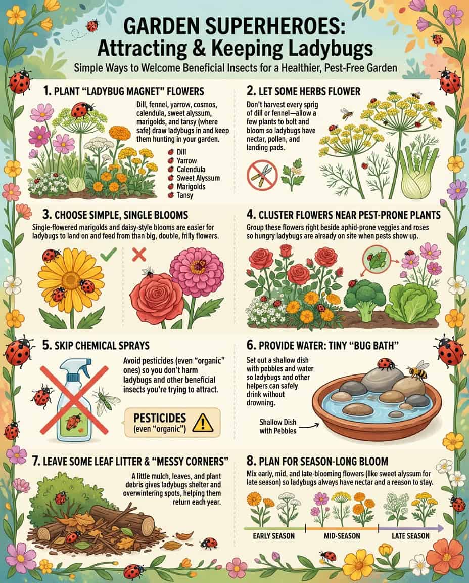 Infographic displaying eight flowering plants that attract ladybugs for natural aphid control in gardens