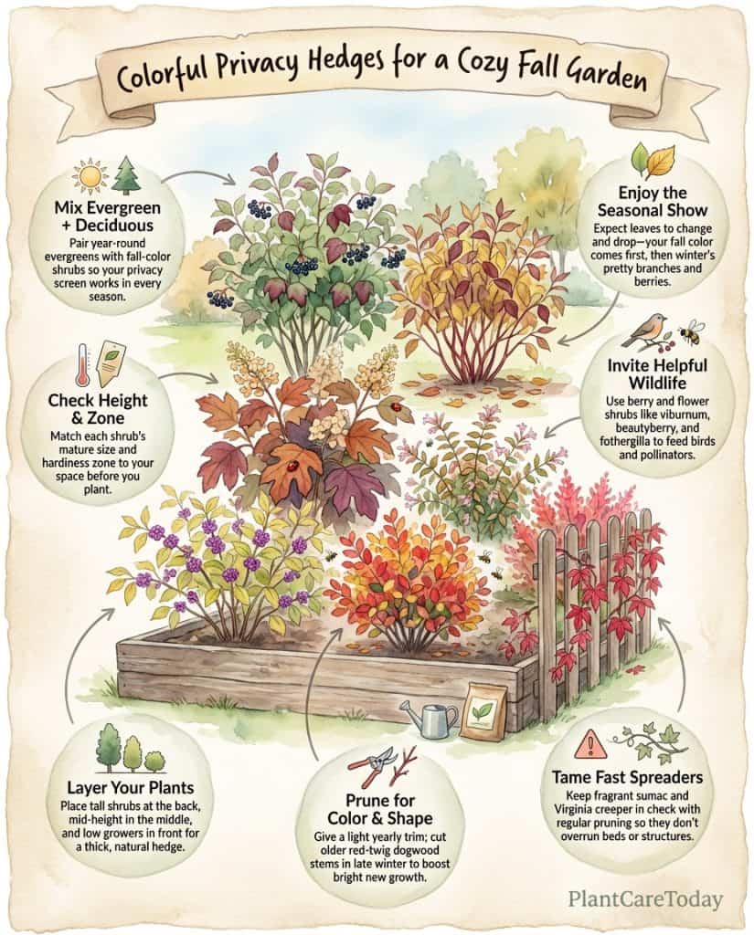Infographic displaying nine colorful fall privacy plants with seasonal foliage transformation examples