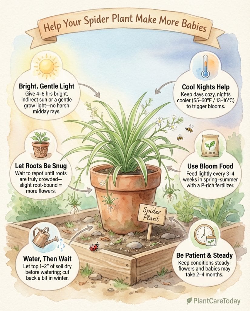 Infographic explaining spider plant reproduction triggers with environmental condition charts and timeline