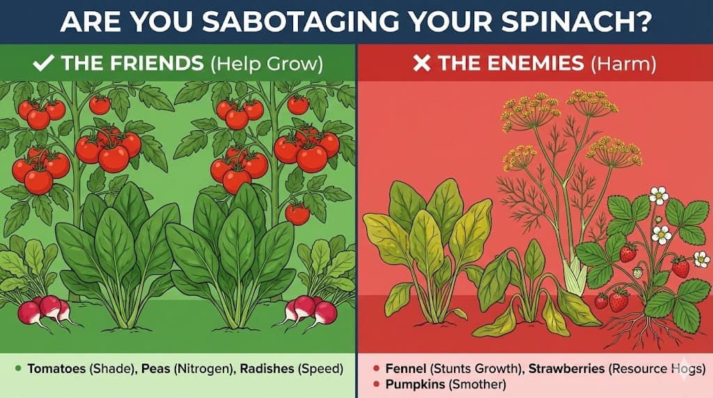 Spinach has best friends and worst enemies in the garden 🌱😄 Pair it with tomatoes for shade, peas for nitrogen, or radishes for quick harvest wins—but skip fennel, strawberries, and pumpkins since they steal resources or stunt growth. What combos have worked in your garden?