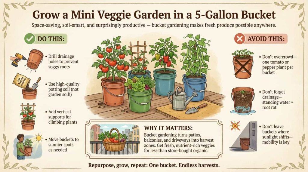 Tips and graphics on growing veggies in 5 gallon buckets