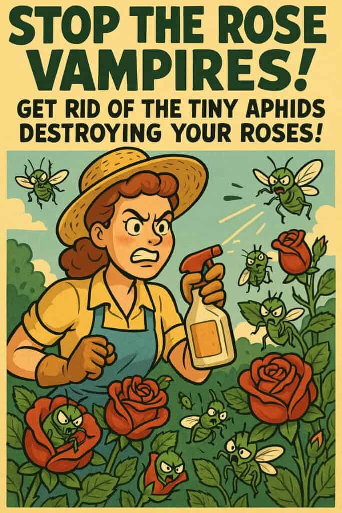 Woman battling aphids on her roses in a cartoon like image